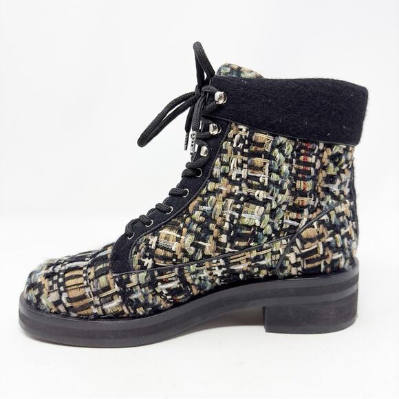 Chanel Tweed Lace Up Combat Ankle Boots 40 - Picture 8 of 13